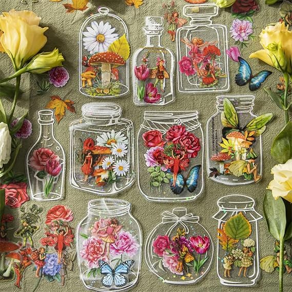 40PCS DIY Bookmarks for Pressed Flowers, DIY Transparent Dried Flower Bookmarks, Flower Bookmark Kit, Handmade Dried Beautiful Flower Page Clear Jars Stickers with Hole Puncher/Tweezers