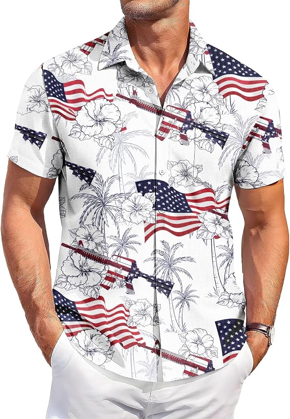Men's Short Sleeve Button Down Shirt, Unique Weapon Print with Textured Fabric, Hawaiian Style