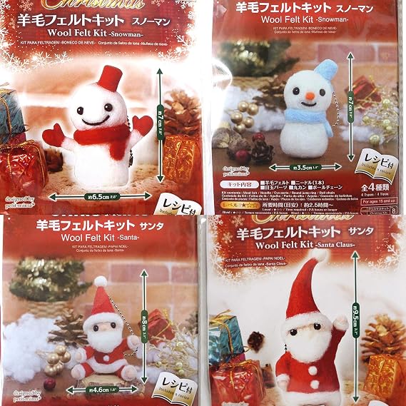 Daiso Japan Christmas Gift Set of 4 Wool Needle Felt DIY Animal Kits - Santa & Snowman