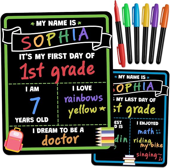 First Day of School Sign Board with Liquid Chalk Markers - 14x11 Double-Sided & Reusable Board - My First and Last Day - Back to School Supplies - First Day of Kindergarten Preschool
