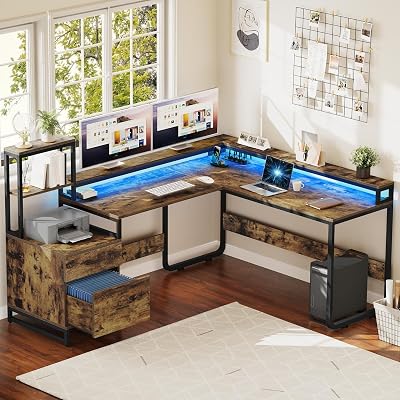 YITAHOME L Shaped Desk with Power Outlets & LED Lights, Reversible Computer Desk with Drawers & Hutch, Corner Office Desks with Monitor Stand, Printer Stand, Rustic Brown