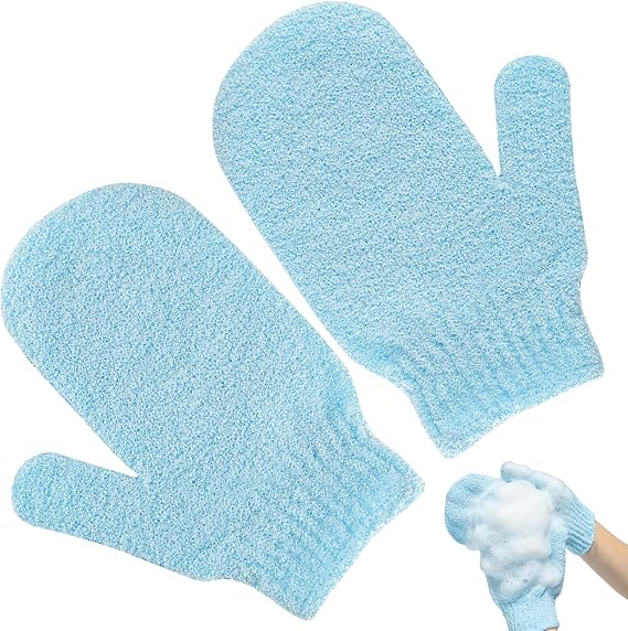 Exfoliating Gloves, 2pcs Bath and Body Exfoliator Mitts, Bamboo Shower Gloves, Scrubs Away Ingrown Hair and Dead Skin, for Shower, Spa, Massage and Dead Skin Cell Remover Loofah (Blue)
