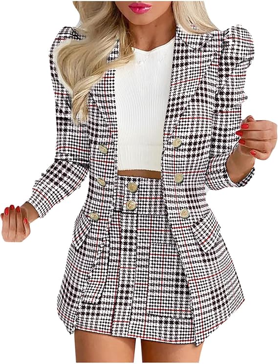 Womens Winter Fall Business Suits Puff Long Sleeve Tartan Blazer Jackets with Mini Skirts Casual Two Piece Outfits