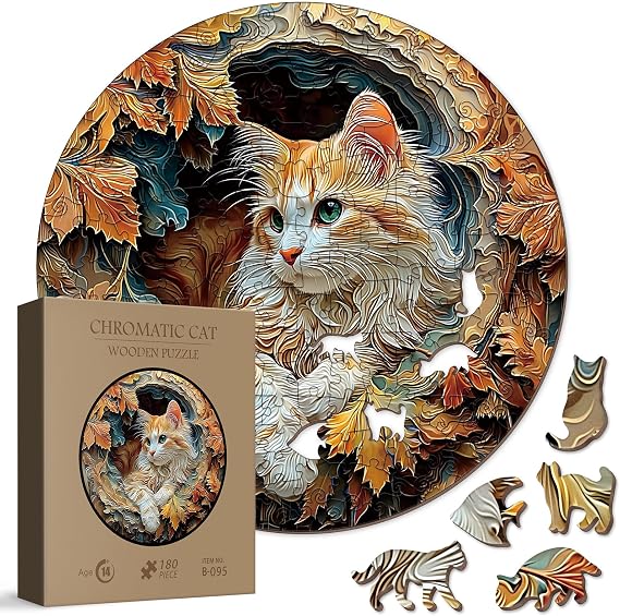 Round Cat Forest Wooden Puzzle for Adults 180 Pieces, Fantasy Animal Nature Wood Puzzle for Adults, Unique Shape Puzzle 180 Pieces