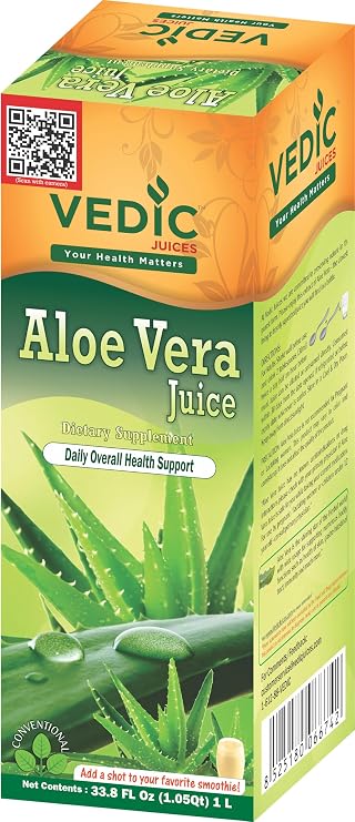 Vedic Juices Aloe Vera Juice, Aloe Supplement for Skin Nourishment, Aloe Pulp, Aloe Fiber, Gut Health and Immune Support, Aloe Juice with No Added Sugar, Parabens, or Artificial Colors, 1 Liter...