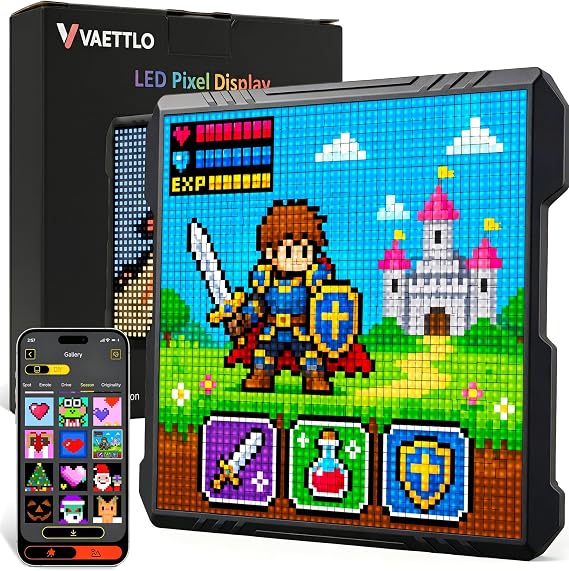 32x32 LED Pixel Art Display, USB Powered Gaming Desk Decor with App | Pixel Display, Pixel Clock, Programmable Led, Desk Wall Mount, Decor for Game Room, Bedroom, Teen Boy Gifts
