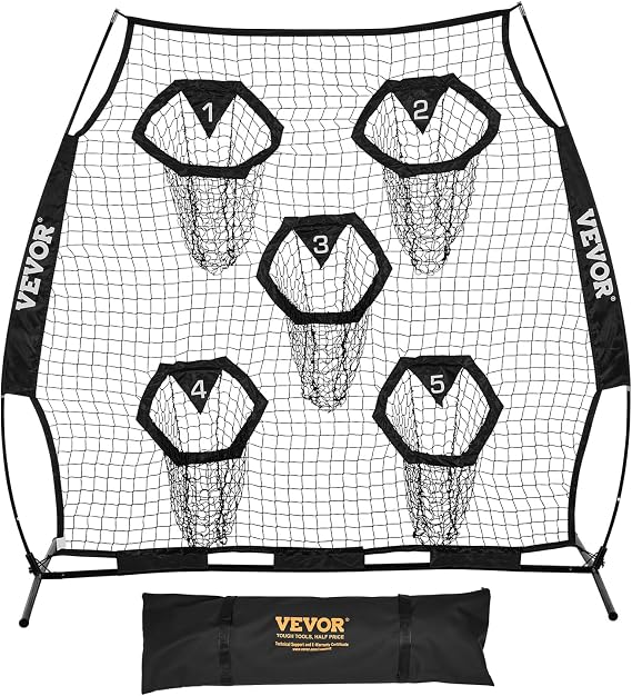 VEVOR 8 x 8 ft Football Trainer Throwing Net, Training Throwing Target Practice Net with 6 Target Pockets, Knotless Net Includes Straps and Portable Carry Case, Improve QB Throwing Accuracy