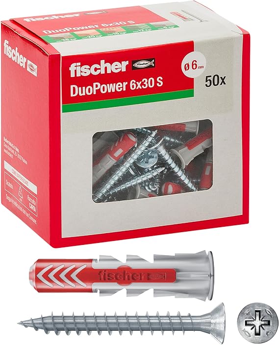 Fischer 544016 Duopower Anchors with Screw, 6 x 30 mm, for Solid Wall, Perforated Brick, Drywall | 2-component nylon fixing with screw, intelligent expansion, folding and knotting functions for secure mounting