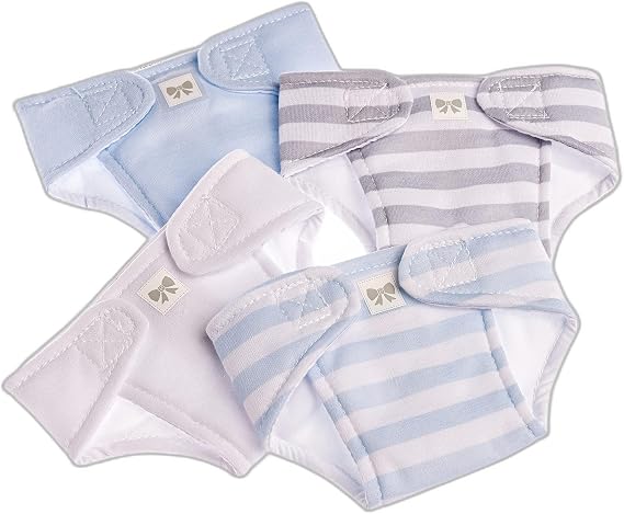 JC Toys Baby Doll Washable and Reusable Eco Diapers 4 Pack Fits Dolls 14 to 18 inch in Blue/White/Grey