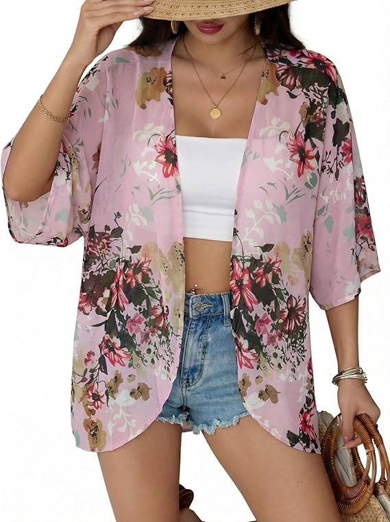 Chunoy Women Short Sleeve Chiffon Kimono Beach Swimsuit Cover Up