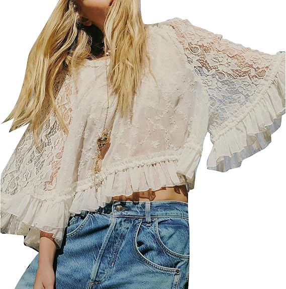 Women Long Sleeve Cute Floral Ruffle Trim Blouse Crop Tops Y2k V Neck Going Out Button Up Flowy Shirts