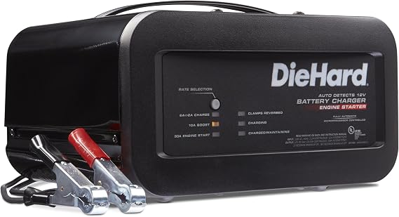 DieHard 71323 12V Shelf Smart Battery Charger and 10/50A Engine Starter, Black