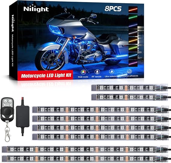 Nilight 8PCS Motorcycle RGB Led Light Kit Waterproof Multi-Color Atmosphere Lights Lamp with 4Key RF Wireless Remote for Harley Davidson Honda Kawasaki Suzuki, (TL-42)