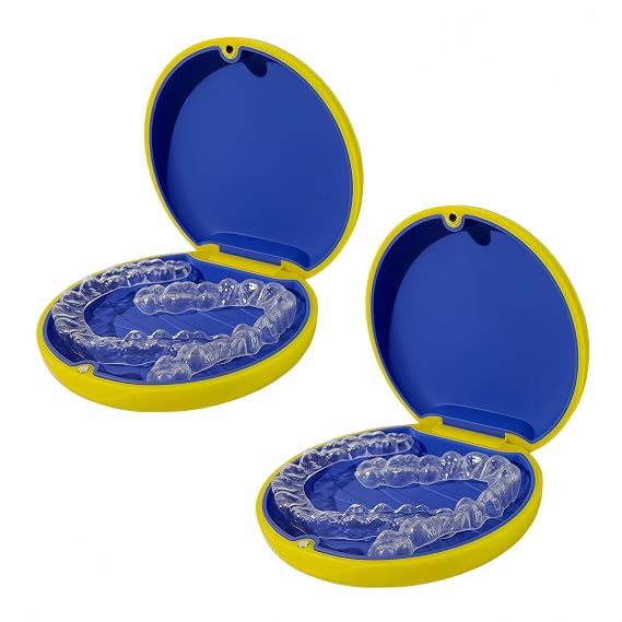 2PCS Retainer Case Compatible with Invisalign,Aligner Case | Cute Slim Size Aligner Case for Travel,Customized Magnetic Closure,Soft Silicone Pad(2 Pack Yellow + Navy Blue Silicone)