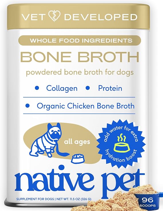Native Pet Bone Broth for Dogs and Cats - Chicken Bone Broth Powder Dog Food Toppers for Picky Eaters - Provides Extra Nutrition for Joint Strength, Immune Support & Heart Health - 96 Scoops