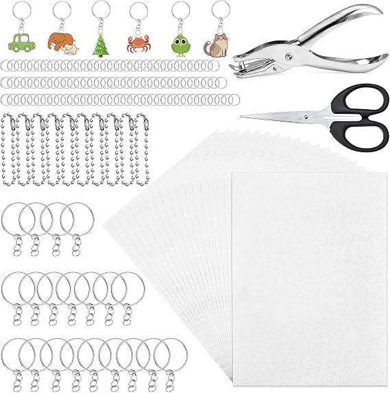 152 Pcs Shrinky Plastic Sheets Kit, Shrink Paper Keychain Kit with 20PCS Shrinky Art Paper, Hole Punch, Scissor, Keychains, Chains, Jump Rings for Adult Crafts Keychain DIY Jewelry Making Ages 14+