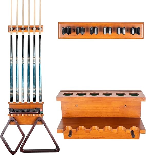 Billmart Wall Mount Pool Stick Holder - Billiards Pool Cue Rack for 6 Cues Sticks Storage Pool Table Accessories, Brown