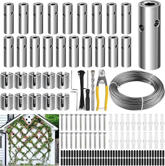 Kalolary 185PCS 30M Stainless Steel Garden Wire Trellis for Climbing Plants