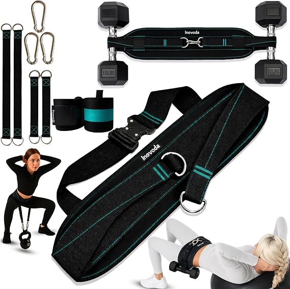 Hip Thrust Belt for Women & Men | Heavy-Duty Glute Workout Equipment with Traction Straps, Wristbands, Carabiners & Carry Bag | Supports Dumbbells, Kettlebells & Plates Up to 300-lbs | Home & Gym Training Belt