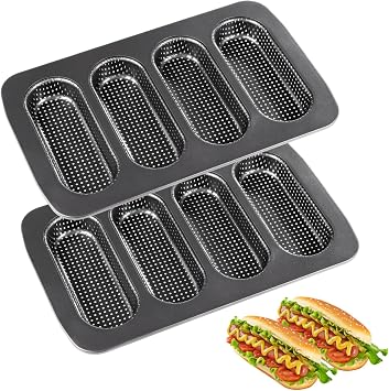 Homaisson Hot Dot Bun Pan Set of 2, Perforated Carbon Steel Hotdog Bun Molds Non-Stick Bread Forms Crispy Mini Baguette Sandwich Baking Trays for Hot Dog Bun Rolls