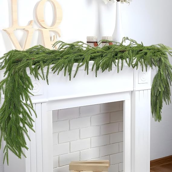 Christmas Norfolk Pine Garland, 9 FT Real Touch Winter Pine Garland, Artificial Greenery Garlands for Christmas Table Wall Fireplace Mantle Indoor Outdoor Decorations (1, 9 ft)