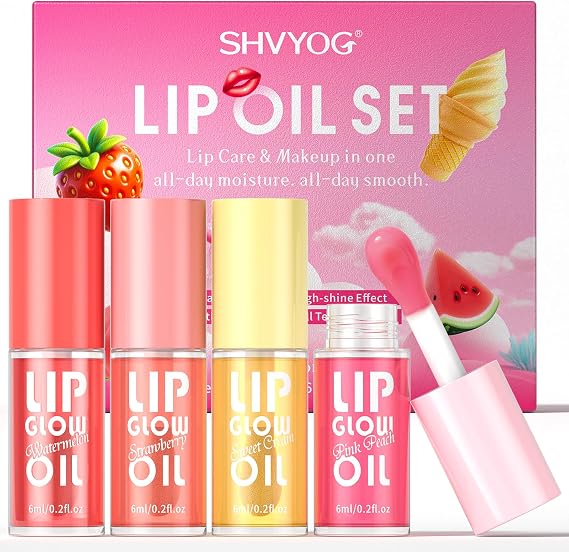 4PCS Lip Oils Set Lip gloss Fruit-Flavored Lip Care Kit, Gifts for Dry And Chapped Lips Nourishing Tinted Lip Oil For A High-Shine Finish, Non-Sticky Formula