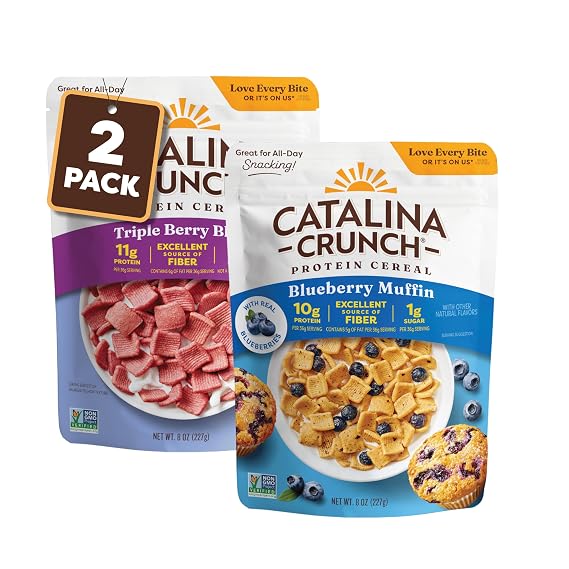 Catalina Crunch Protein Cereal - Sugar Free Breakfast Cereal with 11g of Protein - Gluten Free, Keto Friendly - Triple Berry Blast & Blueberry Muffin- 8 oz. Bags (Pack of 2)