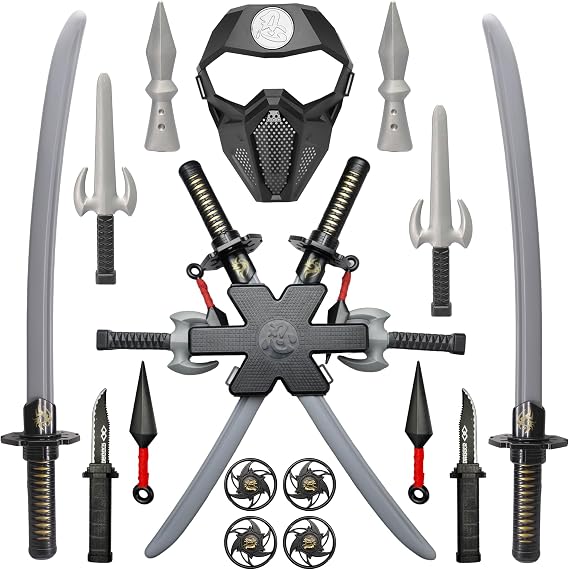 16 Pcs Ninja Toy Weapons for Kids Ninja Roleplay Pretend Play Costume Accessories Assorted Japanese Warrior Dress Up Cosplay Weapons Black