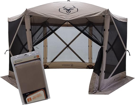 Gazelle TentsTM G6 6-Sided Portable Gazebo with TriTech Mesh, Easy Pop-Up Hub Screen Tent, Waterproof, UV Resistant, 8-Person & Table, Desert Sand, 86" x 124" x 124", GK914, Includes 3 Wind Panels