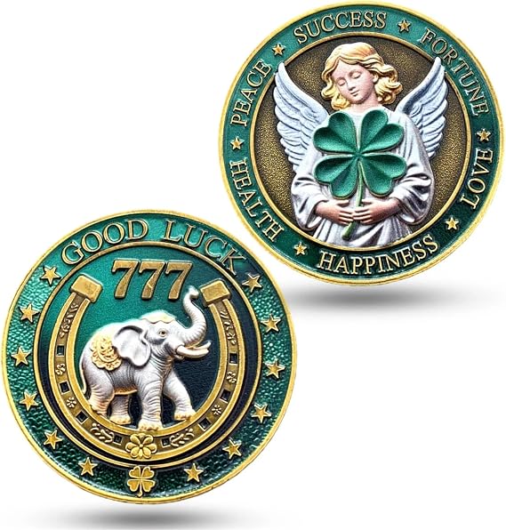Good Luck Coin for Prosperity & Success Four Leaf Clover & Elephant Design Lottery Ticket Scratcher Tool, Lucky Coin & Charm for Health, Happiness, Love & Fortune Collectible
