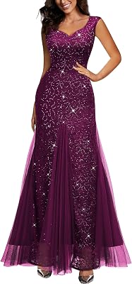 Miusol Womens Elegant V Neck Sleeveless Sequin Lace Evening Party Dress