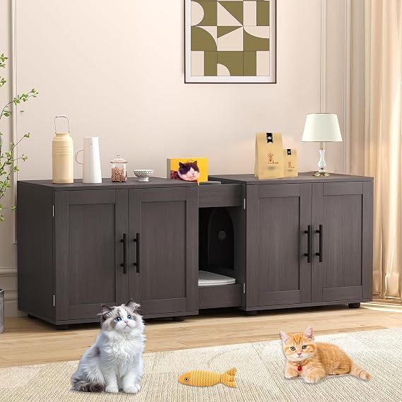 GAOMON 55 Inch Cat Litter Box Enclosure for 2 Cats, Walnut | Large Hiddden Litter Box Enclosure Furniture with Double Rooms, Farmhouse Wooden Cat Washroom for Bedroom Living Room