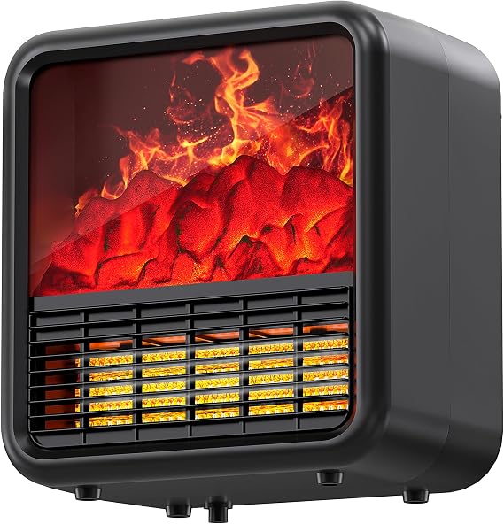Riseon Small Fireplace heater for Indoor use with Realistic 3D Flame, Space Heater with Thermostat, 1500W/750W PTC Ceramic Heating, Tip-Over Safety Switch, Black