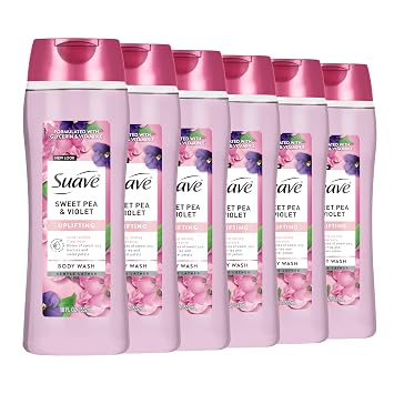 Suave Moisturizing Body Wash, with Sweet Pea Violet and Vitamin E Extract, No Parabens, No Phtahaltes, 18 Fl Oz Pack of 6