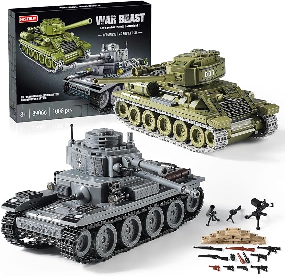 WW2 Army Tank Toys Building Sets Compatible with Lego, Create a Soviet T-34 & German Panzer 38(t) Tank, Great Military Model Toy Gift for Boys, Kids, and Teens Age 8-14