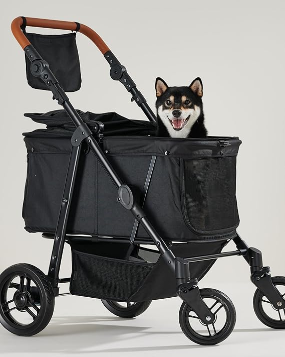 Zoosky Medium Dog Stroller for Large Dogs, Pet Stroller, Up to 66lbs | All-Terrain 360 Swivel Wheels & Adjustable Handle & 180 Dual-Open Canopy, Sun Shades, Storage Organizer, Waterproof Oxford