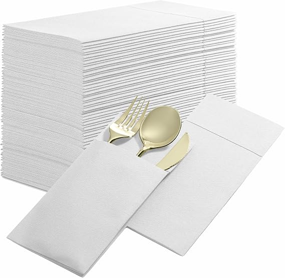 White Linen-Feel Dinner Napkins with Flatware Pocket, Soft & Thick Disposable NapkinsWth Pocket For Silverware for Table Settings, Events, Catering & Hosting (50 Count)