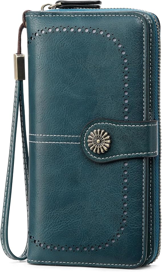 GOIACII Ladies Purse RFID Blocking Womens Wallet Wristlet Clutch Large Capacity Card Holder Blue