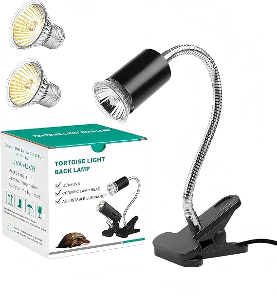 Tortoise Basking Spot Heat Lamp Holder, Reptile UVB Heat Lamp Clamp Stand(with 50W 2Pack Bulb), UVA UVB Basking Light Fixture Holder for Tortoise, Beared Dragon, Lizard, Snake, Size L [Energy Class E]