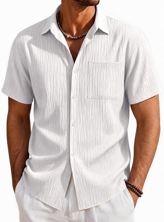 EKLENTSON Mens Button Down Shirt Short Sleeve Casual Textred Shirts Breathable Summer Beach Shirt with Pocket