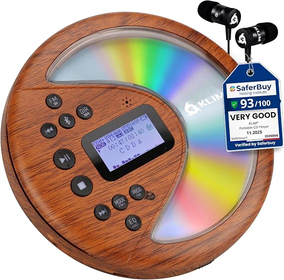 KLIM Discover - Portable CD Player with Long-Lasting Battery - with Headphones - Radio FM - Compatible MP3 CD Player Portable - SD Card, FM Transmitter, Bluetooth - Ideal for Cars