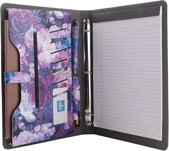 3-Ring Binder Portfolio Case, Floral Painting PU Leather Binder Padfolio, Business Planner Organizer with Notepad Holder