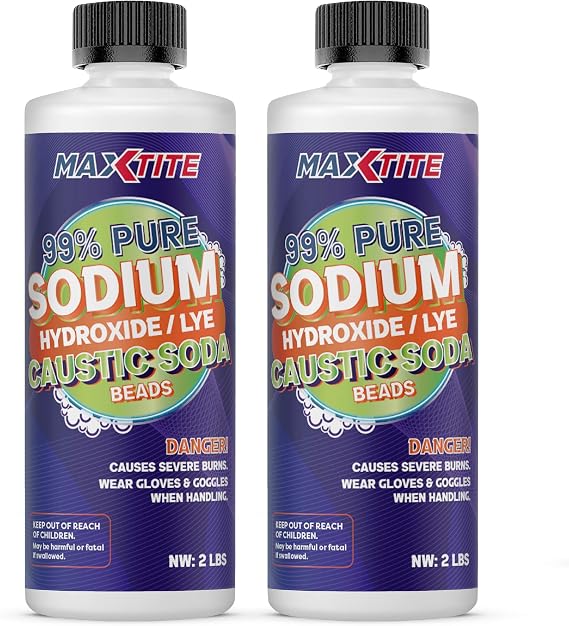 MaxTite Caustic Soda Beads - 2 lbs x 2 Pack - 99% Pure Sodium hydroxide - Soap Making, Detergent, Paper & Textiles, Cleaning, Drain Opening & More - Packed in USA