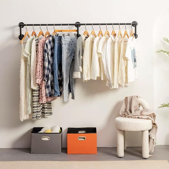 Wall Clothes Rack, Industrial Pipe Clothing Rack, Hanging Clothes Rod | Heavy Duty Space Saving Garment Rack, Metal Clothing Hanging Rail for Closet Home Retailer Laundry Bedroom, Black