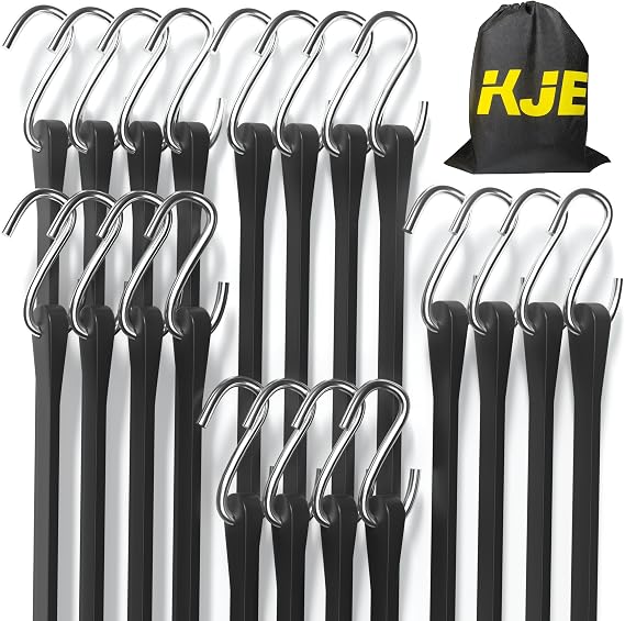 KJE 20Pack (10'', 15", 21", 31") Rubber Bungee Cords with S Hooks - Heavy Duty Black Bungee Straps, EPDM - Load 180 lbs, Outdoor Tie Downs, Securing Tarps & Canvases & Cargo in Cold Hot Climates