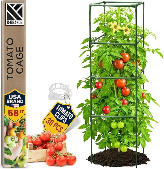 Tomato Cage Square - Large Trellis Stakes and Plant Support Structures for Vegetables and Climbing Plants - Tall Tomato Cages for Garden, Pots, Raised Garden Bed Outdoor Supplies (1 Pack - Up to 58")