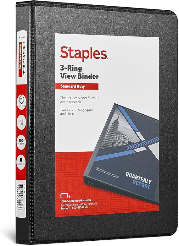 Staples Mini View Binder, 0.5 Inch Round Ring, Black, 5.5x8.5 Inch | Compact 3-ring binder for notes, planners, and small documents.