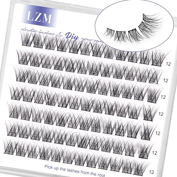 LZM Cluster Lashes 12mm Individual Eyelashes C Curl Individual Natural Reusable Lash Clusters Thin Band Natural Eyelashes (Moon-C-12mm)