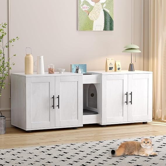Litter Box Enclosure with Double Room, Cat Hidden Litter Box Enclosure Furniture for 2 Cats, Wooden Enclosed Cat Litter Box Furniture,55”Lx17.7”Wx20.6”H Cat House with Scratching Pad,Antique White