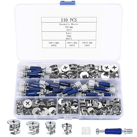 Cam Lock Nuts and Cam Screws, 110 Pcs Cam Locks for Furniture Connecting Cam Lock Fittings, 3 in 1 Cam Connector Bolt Fittings Fasteners Hardware Parts for Drawer Dresser Cabinet (110)
